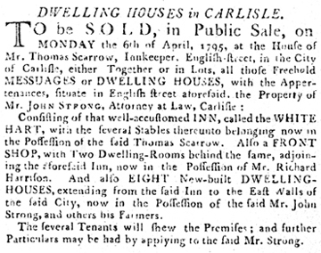 White Hart Hotel for Sale, Carlisle 1795 occupied by Thomas Scarrow